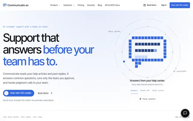 Screenshot of Customer support that answers before your team has to · Communicate