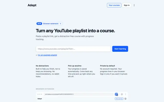 Screenshot of Adept - Turn YouTube playlists into courses
