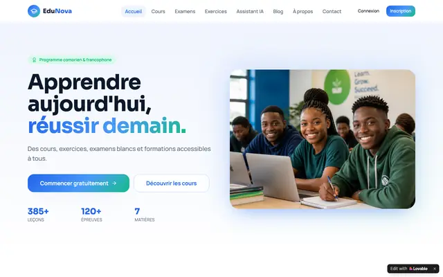 Screenshot of EduNova Afrique — Apprendre aujourd'hui, réussir demain