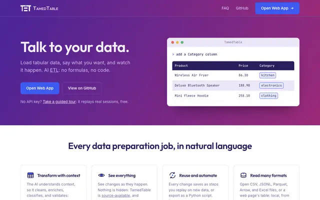Screenshot of TamedTable — AI ETL in Natural Language