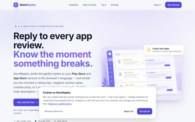Screenshot of StoreReplies — AI Review Replies for Google Play & the App Store