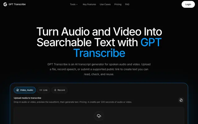 Screenshot of GPT Transcribe | AI Transcript Generator for Audio & Video