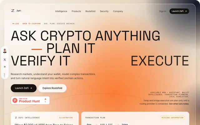 Screenshot of ZeFi — The AI operating system for onchain finance