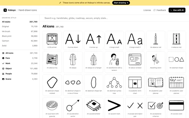Screenshot of Koboyo Icons — 71,262 free hand-drawn SVG icons