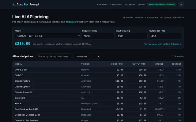 Screenshot of CostPerPrompt — Live AI API Pricing & LLM Cost Calculators