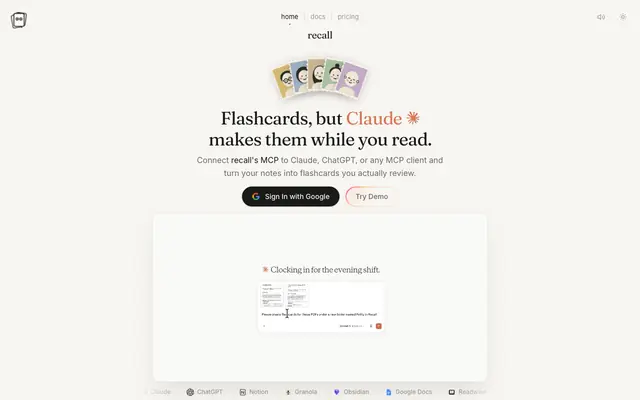 Screenshot of recall - flashcards your AI makes while you read