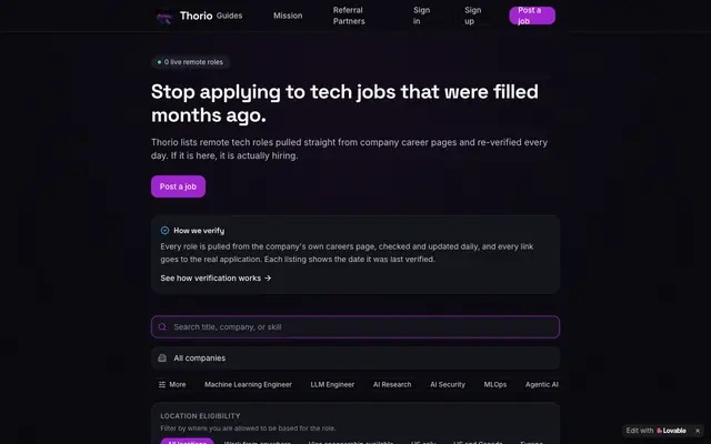 Screenshot of Thorio, Verified Remote tech jobs, Updated Daily