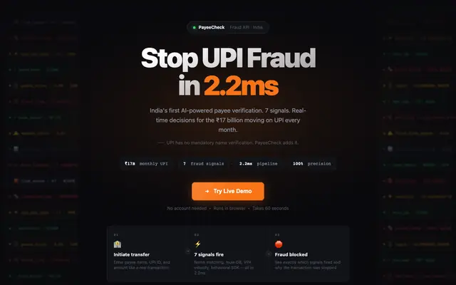 Screenshot of PayeeCheck — UPI Payee Verification & Fraud Detection API for Indian Fintechs