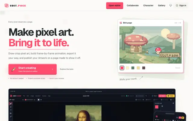 Screenshot of 8bit.page — Pixel Art Editor, Animator & Artwork Pages