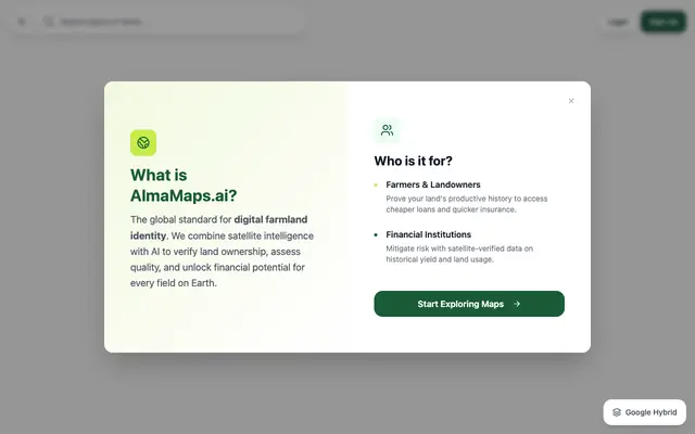 Screenshot of almamaps.ai - map it, prove it, fund it