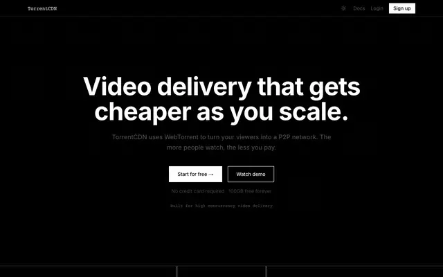 Screenshot of TorrentCDN — P2P Video Delivery That Gets Cheaper As You Scale