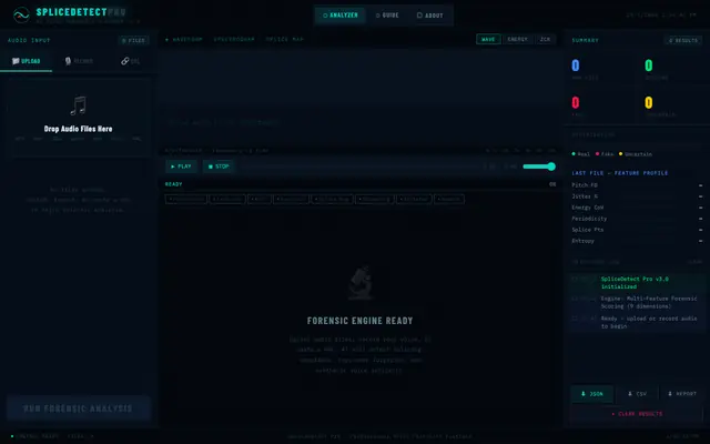 Screenshot of SpliceDetect Pro — AI Voice Forensics