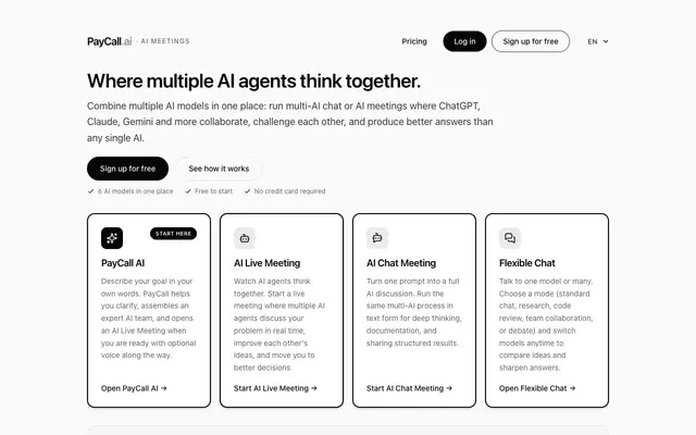 Screenshot of AI Meetings & Multi-AI Chat (ChatGPT, Claude, Gemini) · PayCall.ai