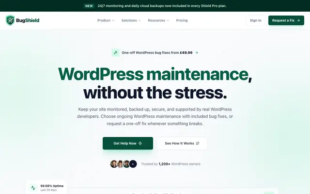 Screenshot of WordPress Bug Fixes & Maintenance | BugShield