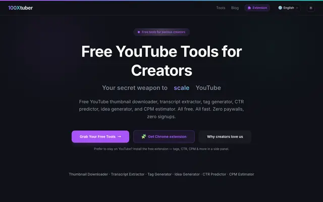 Screenshot of Free YouTube Tools for Creators - Thumbnail Downloader, Transcript Extractor & M
