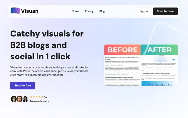 Screenshot of Branded Blog Visuals & LinkedIn Carousels in 1 Click | Visuan