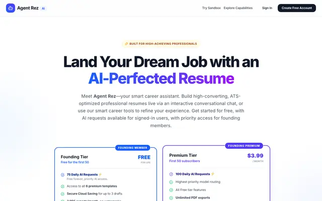 Screenshot of Agent Rez AI — Free Resume Builder & ATS Templates