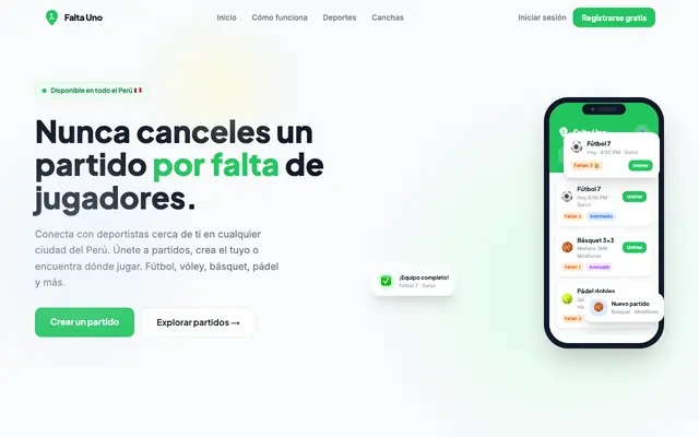 Screenshot of FaltaUno.pe — Encuentra tu partido en Perú