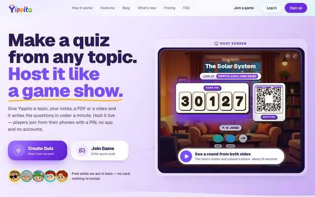 Screenshot of Yippito — AI Quiz Maker: Create a Quiz and Host It Live