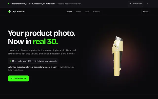 Screenshot of Turn a product photo into a real 3D render — SpinProduct