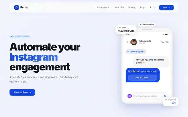 Screenshot of Flonix | Instagram Automation for DMs, Comments, and Replies
