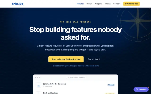 Screenshot of Feedback board, changelog and widget for SaaS founders · ShipLog