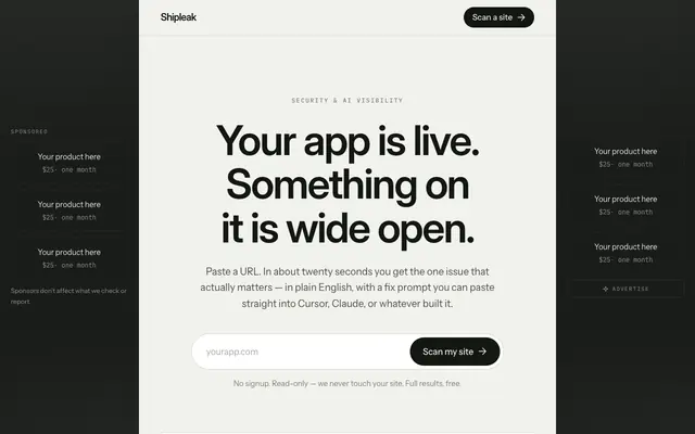 Screenshot of Shipleak — security & AI-visibility scan for your site