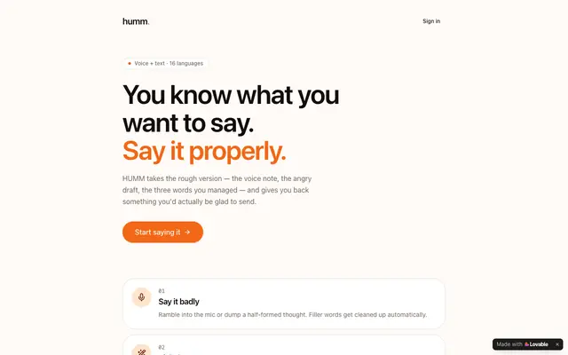 Screenshot of HUMM — Say it without sounding like a robot