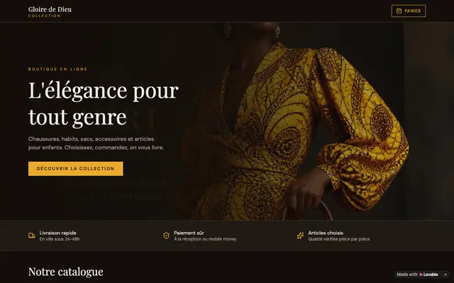 Screenshot of Gloire de Dieu Collection — Boutique chaussures, habits & sacs