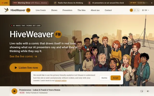 Screenshot of HiveWeaver FM | Radio that shows its thinking