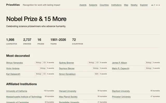 Screenshot of PrizeAtlas: Nobel Prize, Fields Medal & 14 More Awards
