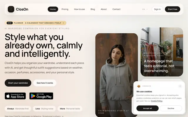Screenshot of ClosOn - Style what you already own, calmly and intelligently.