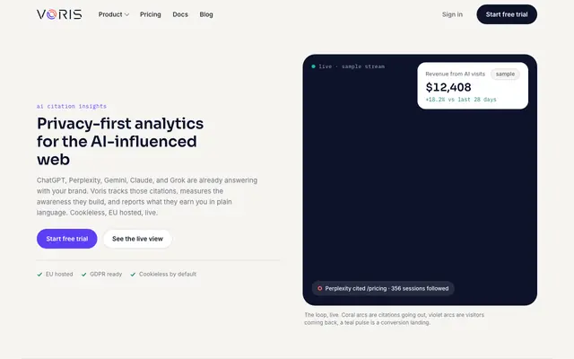 Screenshot of Voris: privacy-first analytics for the AI-influenced web