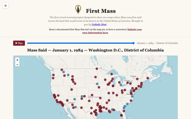 Screenshot of First Mass — Chronicling the First Catholic Masses of the United States