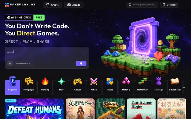 Screenshot of MakePlay — AI Game Builder · Make & Play Games with AI