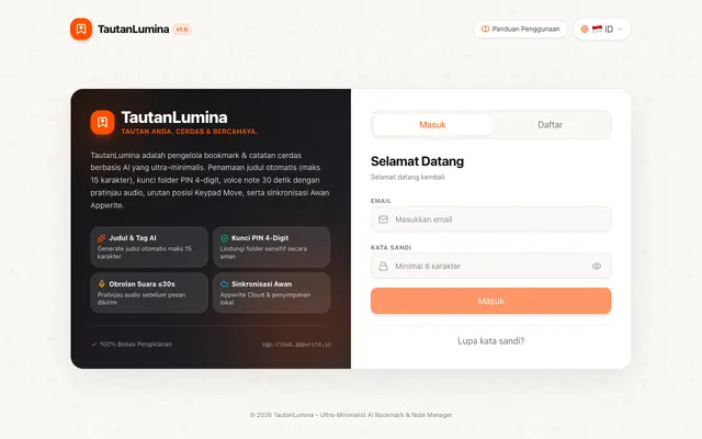 Screenshot of Tautan Lumina - Minimalist AI Bookmark & Note Manager