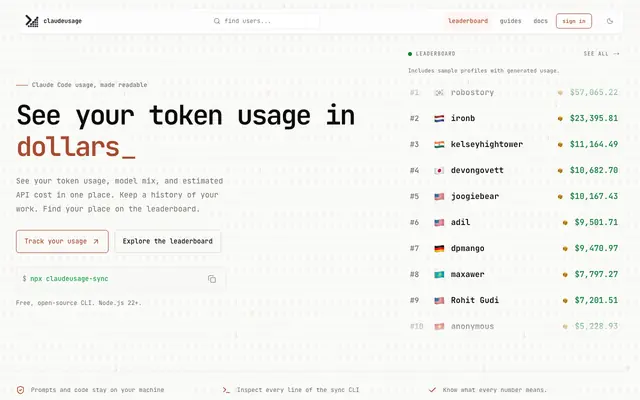Screenshot of claudeusage — Claude Code usage tracker & public leaderboard