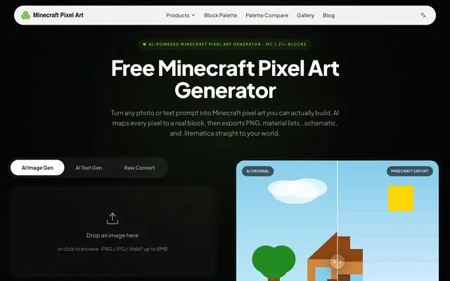 Screenshot of Free Minecraft Pixel Art Generator Online — AI Block Art