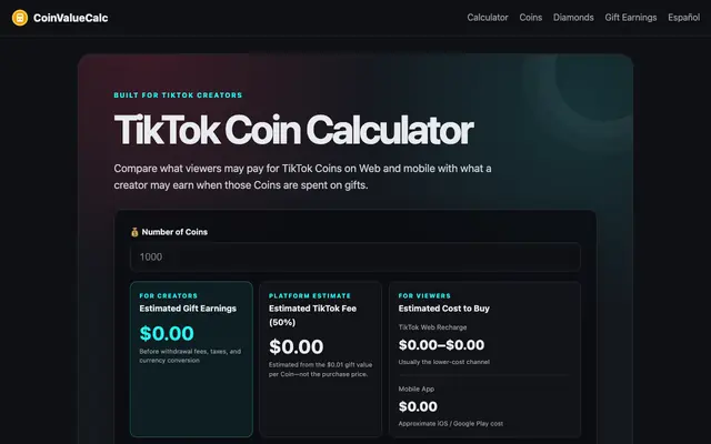 Screenshot of TikTok Coin Calculator — Cost & Creator Earnings (2026)