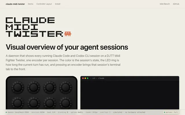 Screenshot of claude-midi-twister — Claude Code sessions on a Midi Fighter Twister
