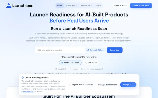 Screenshot of Free AI-Assisted Launch Scan for AI-Built Products | Launchieve