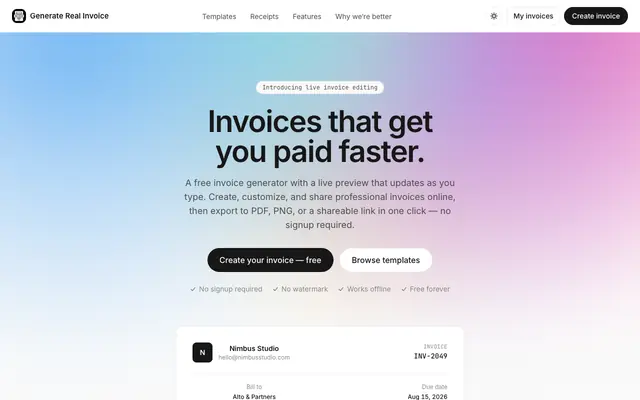 Screenshot of Free Invoice Generator Online — Generate Real Invoice