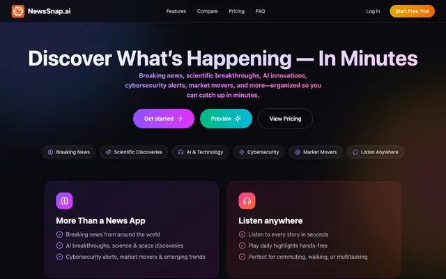 Screenshot of NewsSnap.ai | AI-Powered News Summaries and Audio Briefings