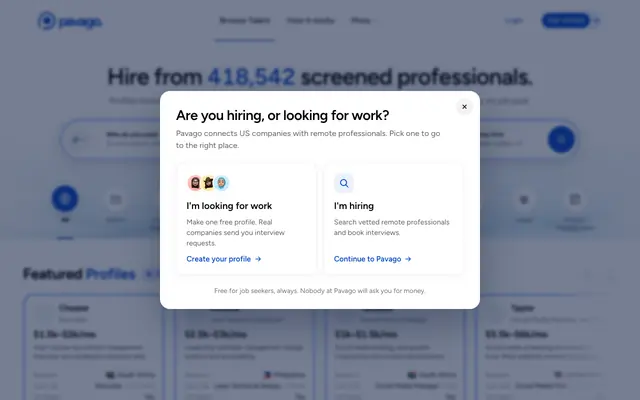 Screenshot of Hire Remote Talent: 300,000+ Vetted Pros | Pavago