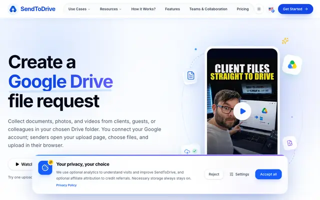 Screenshot of Receive Files to Google Drive - No Login Required | SendToDrive