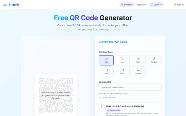 Screenshot of Free QR Code Generator - Create QR Codes Instantly | Snapkit