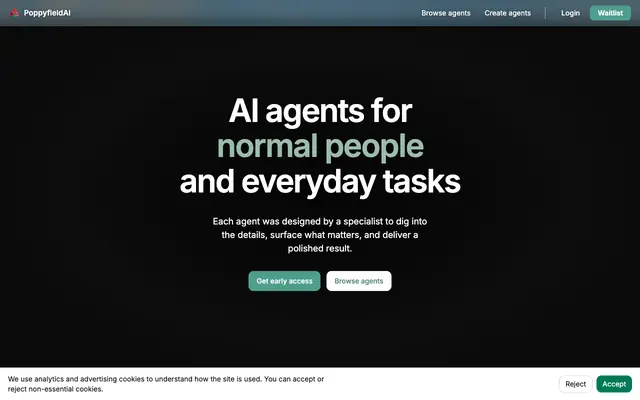 Screenshot of Poppyfield — AI agents for the time-consuming work on your plate