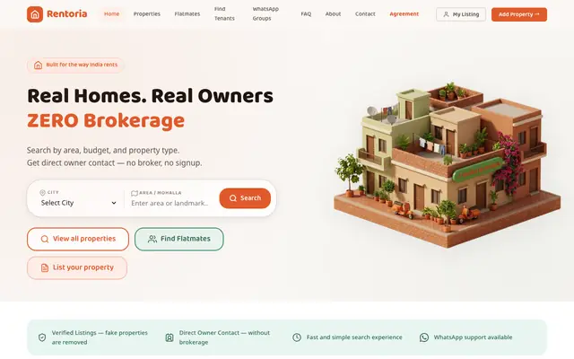 Screenshot of Rentoria — Find Verified Rentals | No Broker, No Commission