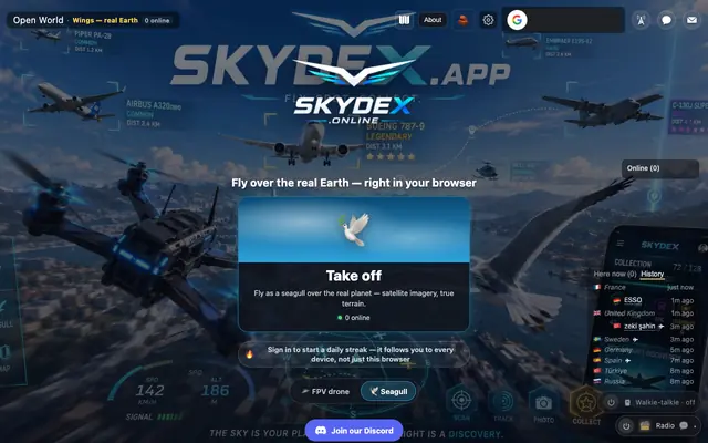 Screenshot of Skydex — Fly over the real Earth in your browser