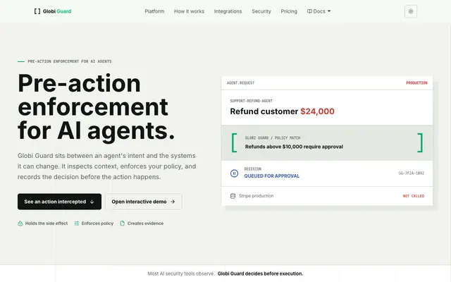 Screenshot of GlobiGuard — AI governance that acts before harm does